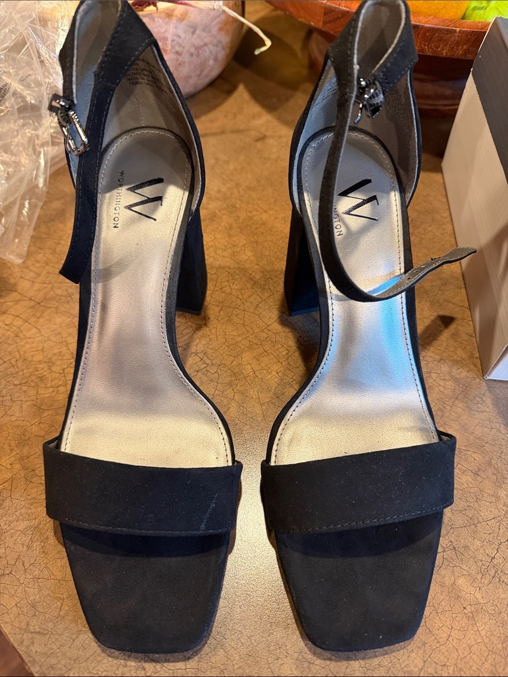 Worthington Black Suede Ankle-Strap Block Heel Sandals